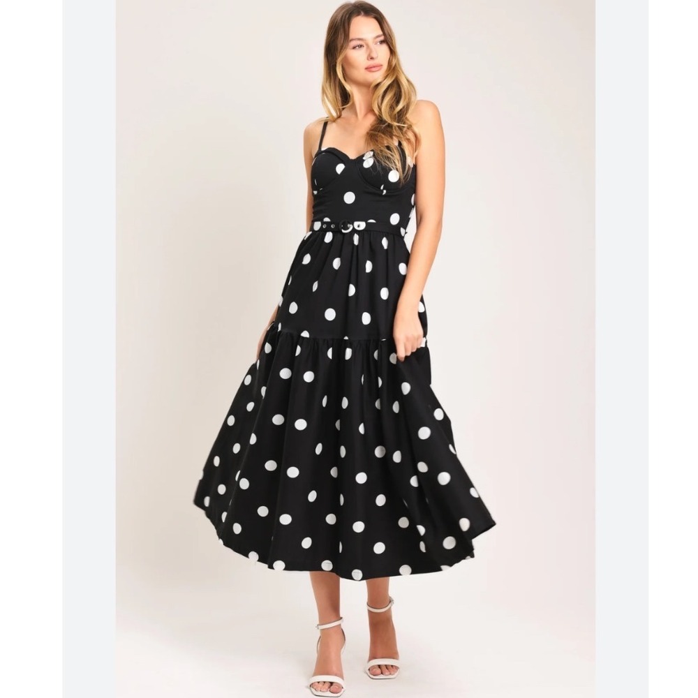 Flying Tomato Monroe Dot Woven Midi Polka Dot Belted Dress